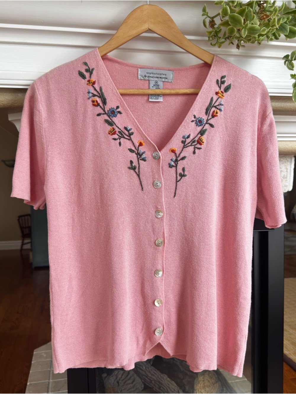 Vintage 90s Blush Pink Floral Embroidered Short Sleeve Cardigan Cottage Summer M